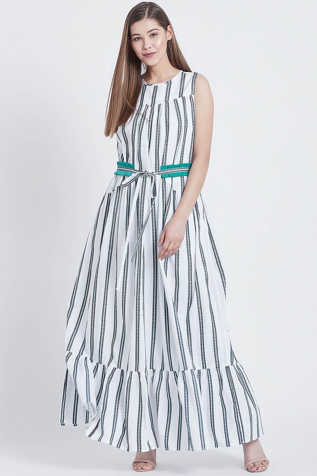 Bohobi White Cotton Striped Dress For Women Online at ScrollnShops