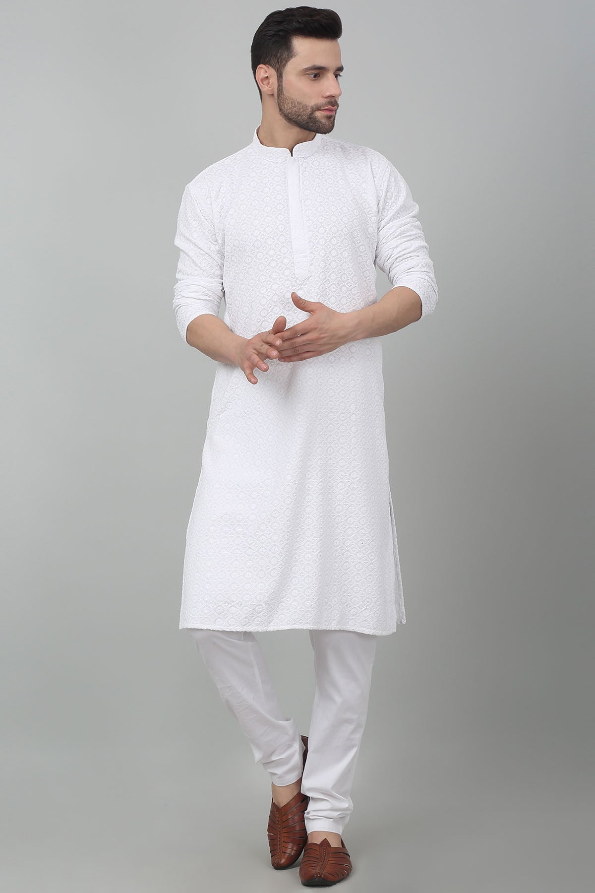 White Cotton Thread Kurta Set