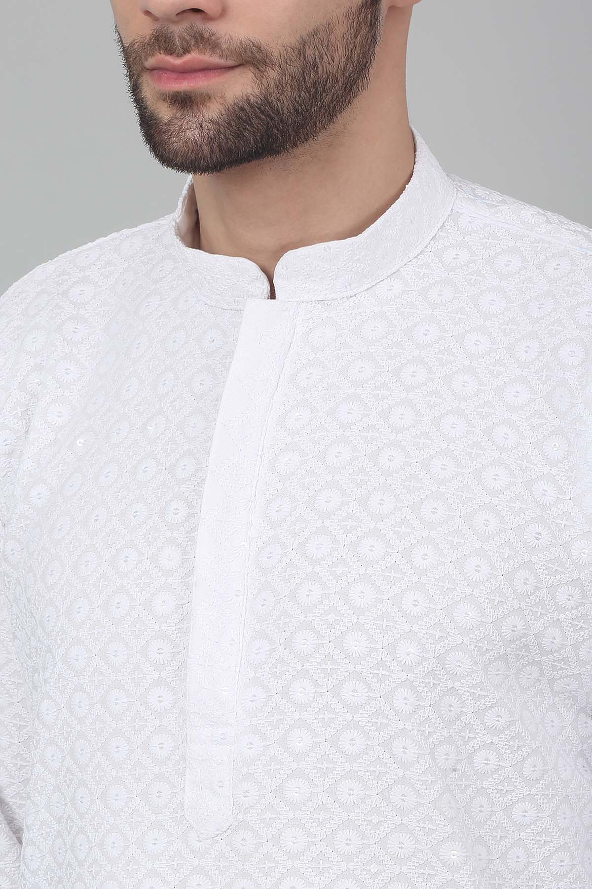 White Cotton Thread Kurta Set