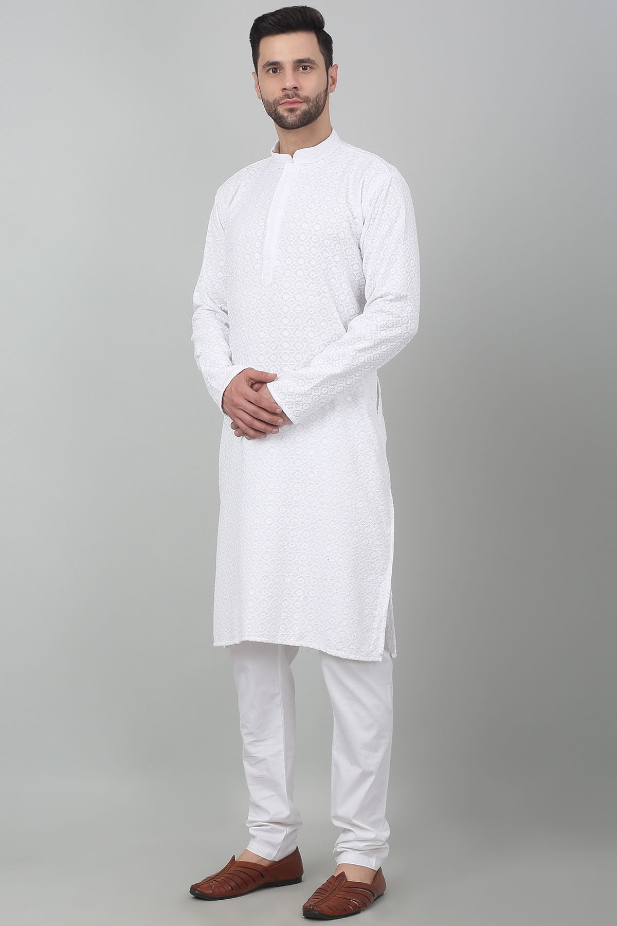 White Cotton Thread Kurta Set