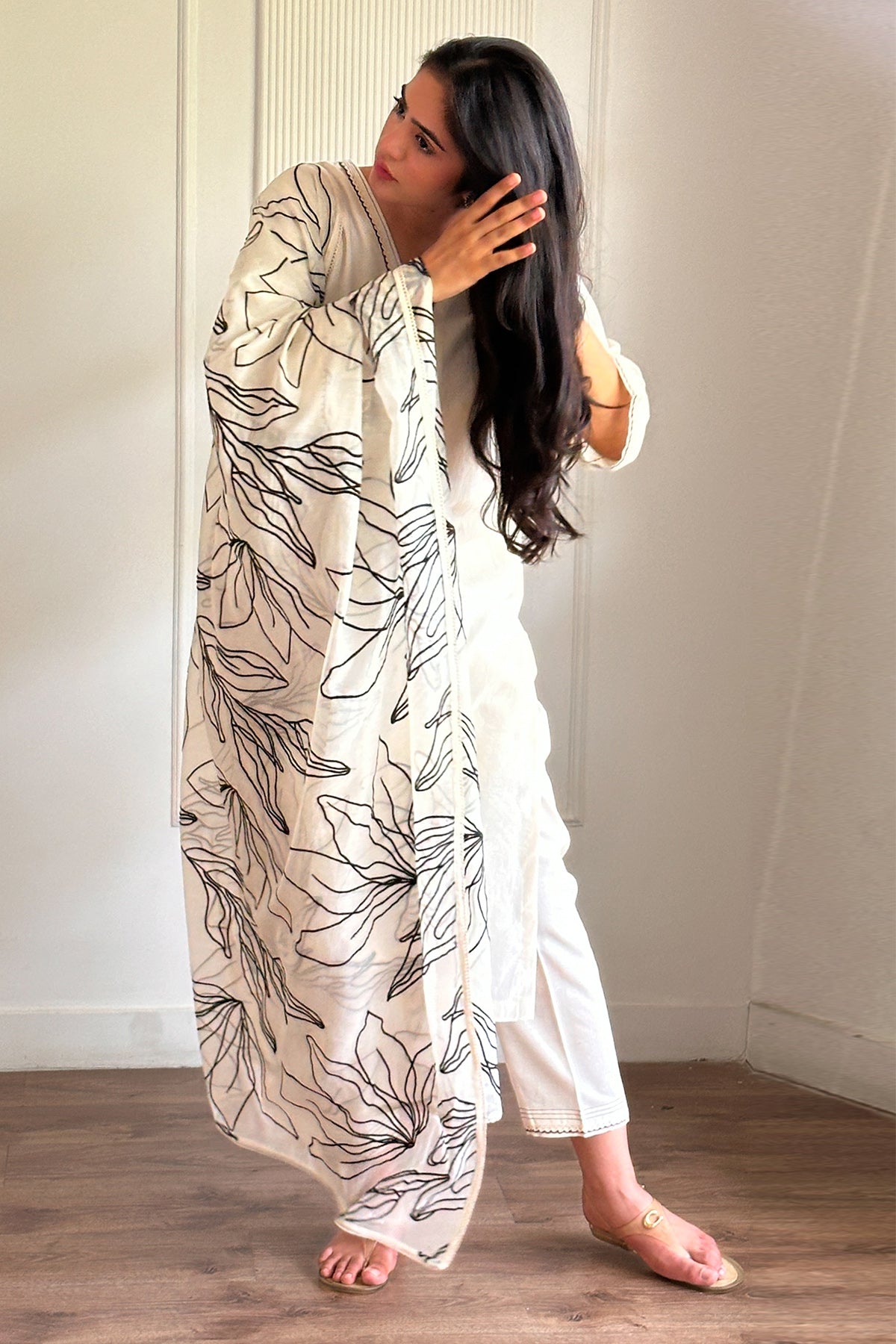 White Cotton V-Neck Kurta Set