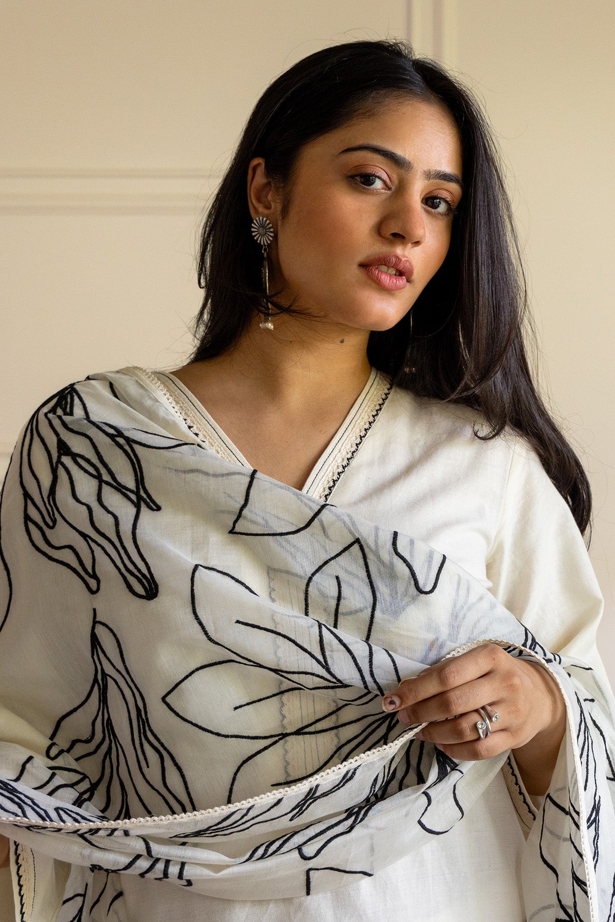 White Cotton V-Neck Kurta Set