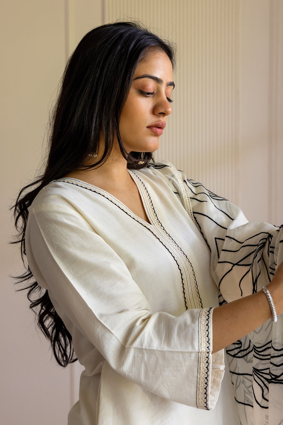 White Cotton V-Neck Kurta Set