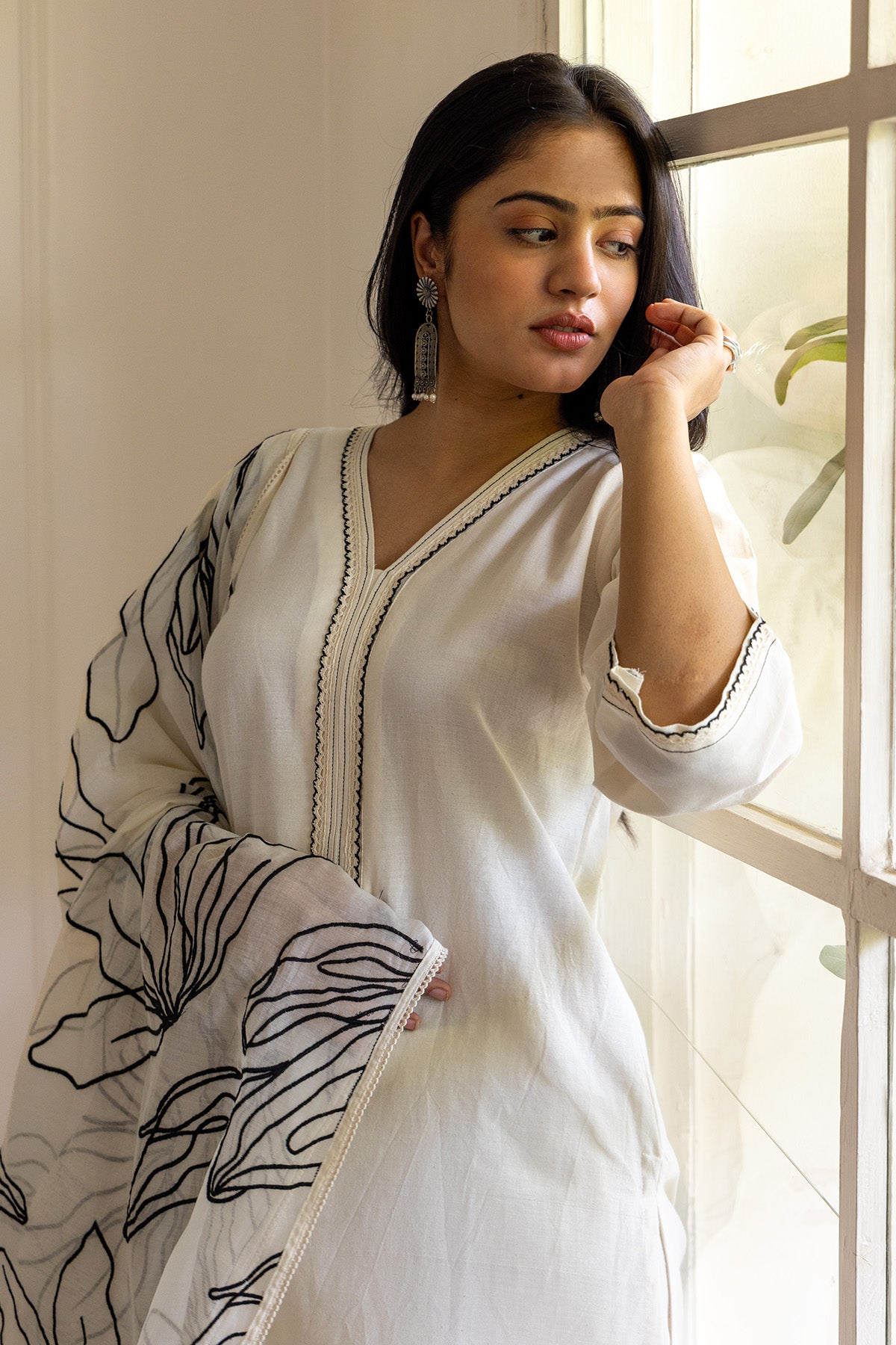 White Cotton V-Neck Kurta Set