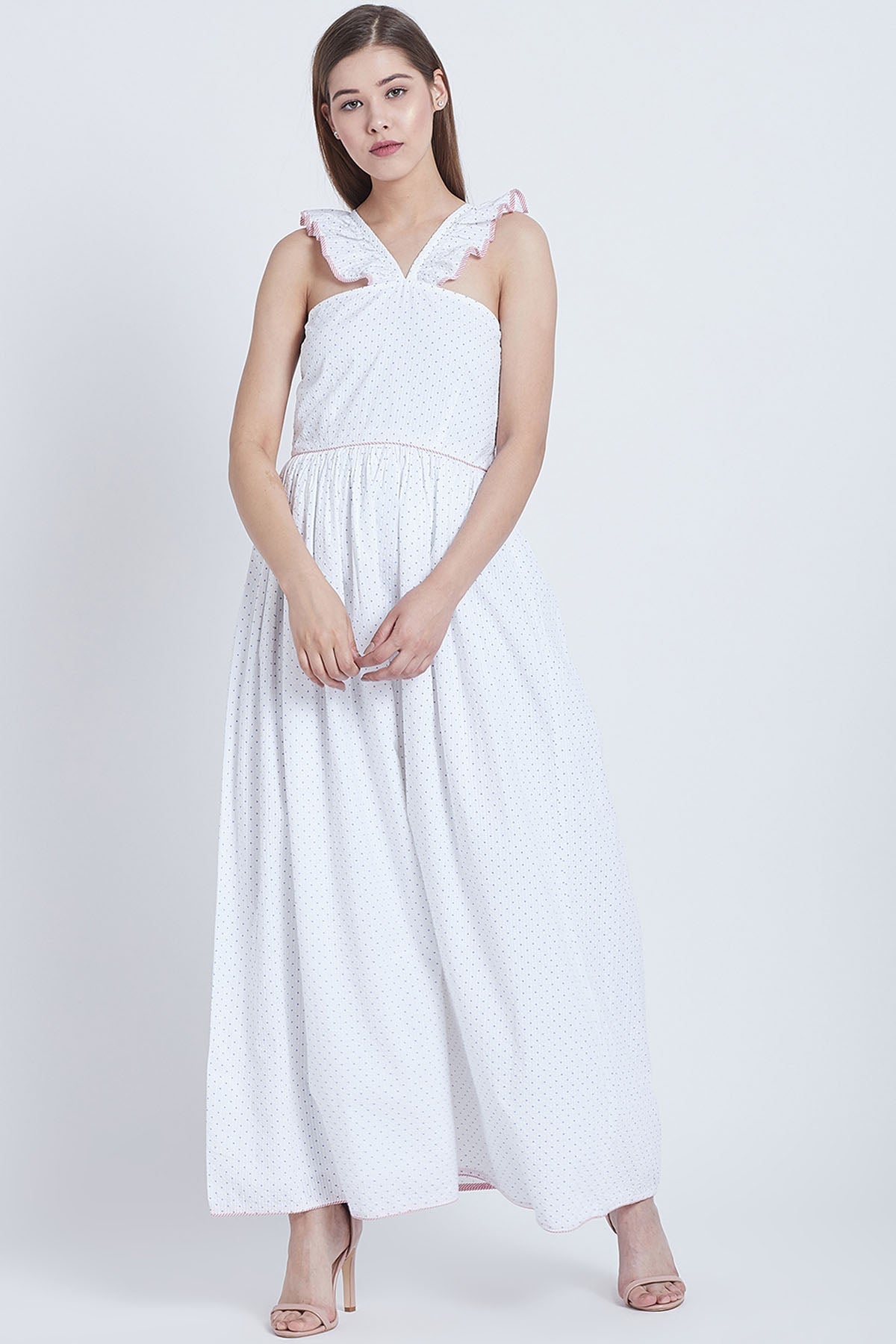 Bohobi White Cotton V Neck Frill Dress For Women Online at ScrollnShops