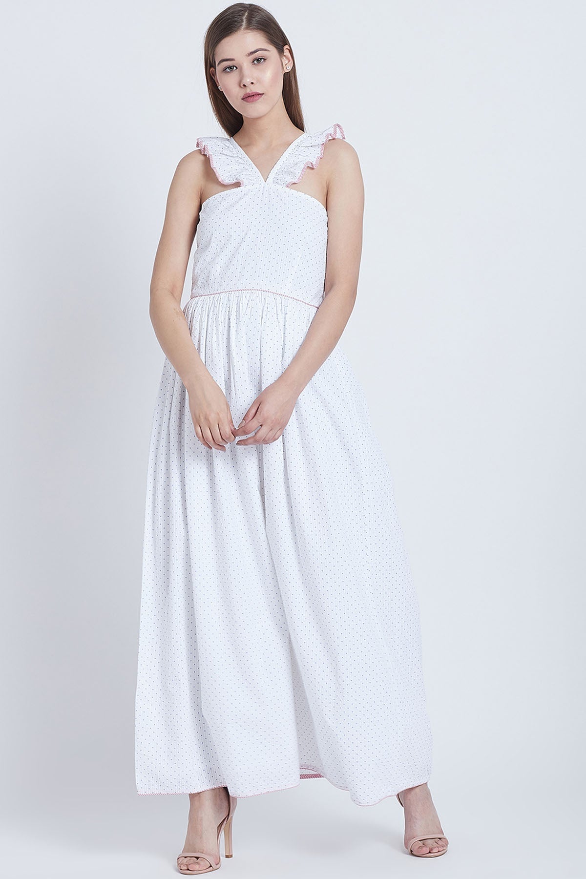 Buy White Cotton V Neck Frill Dress Online