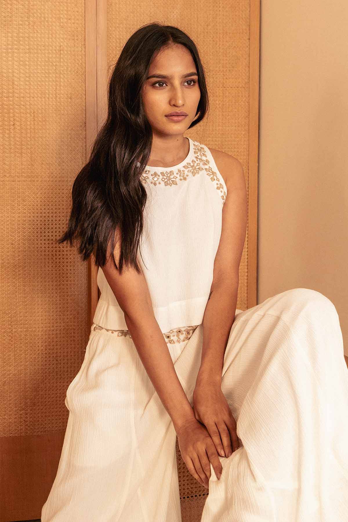 White Crop Top & Flared Pants