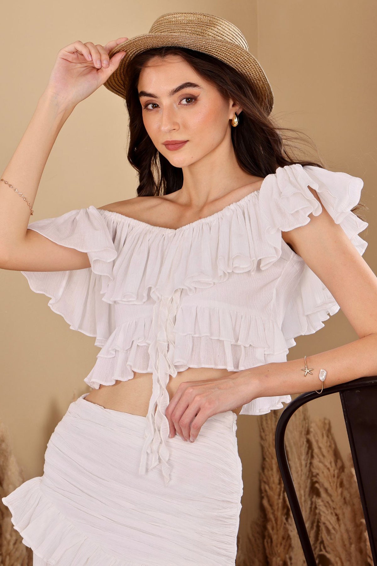 Buy White Crushed Off Shoulder Top for women by seoraa online available at scrollnshops