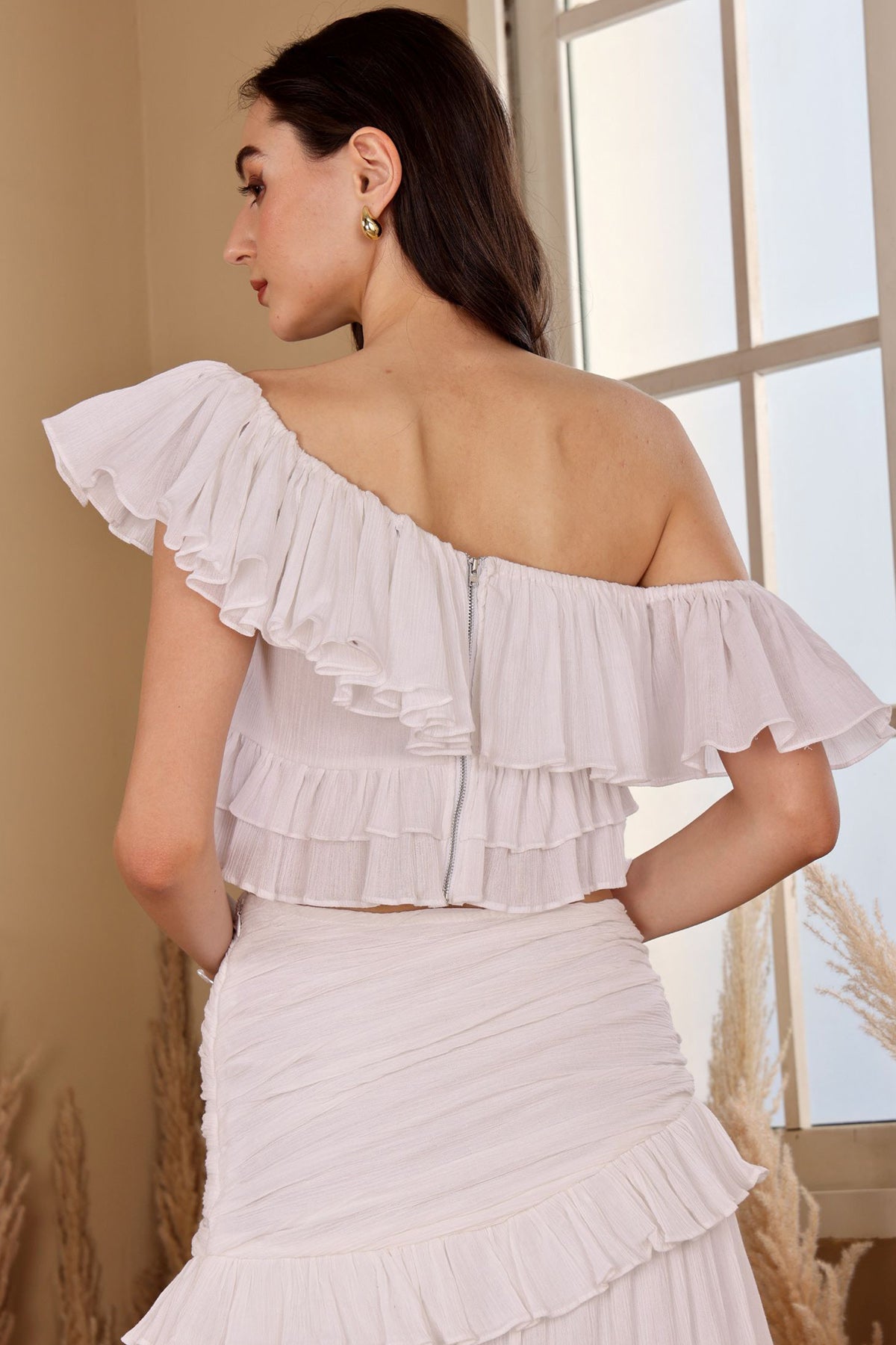 White Crushed Off Shoulder Top