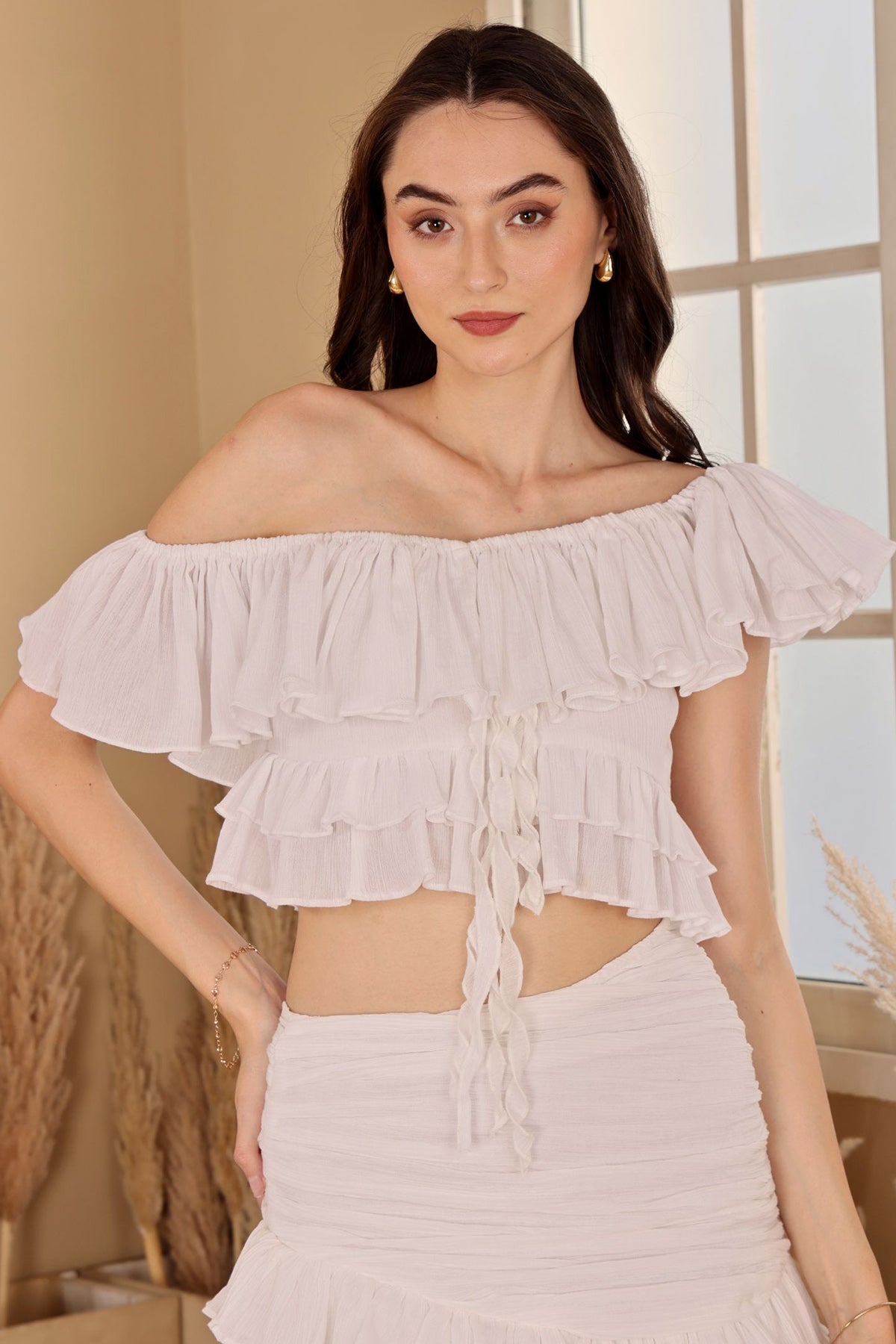 White Crushed Off Shoulder Top