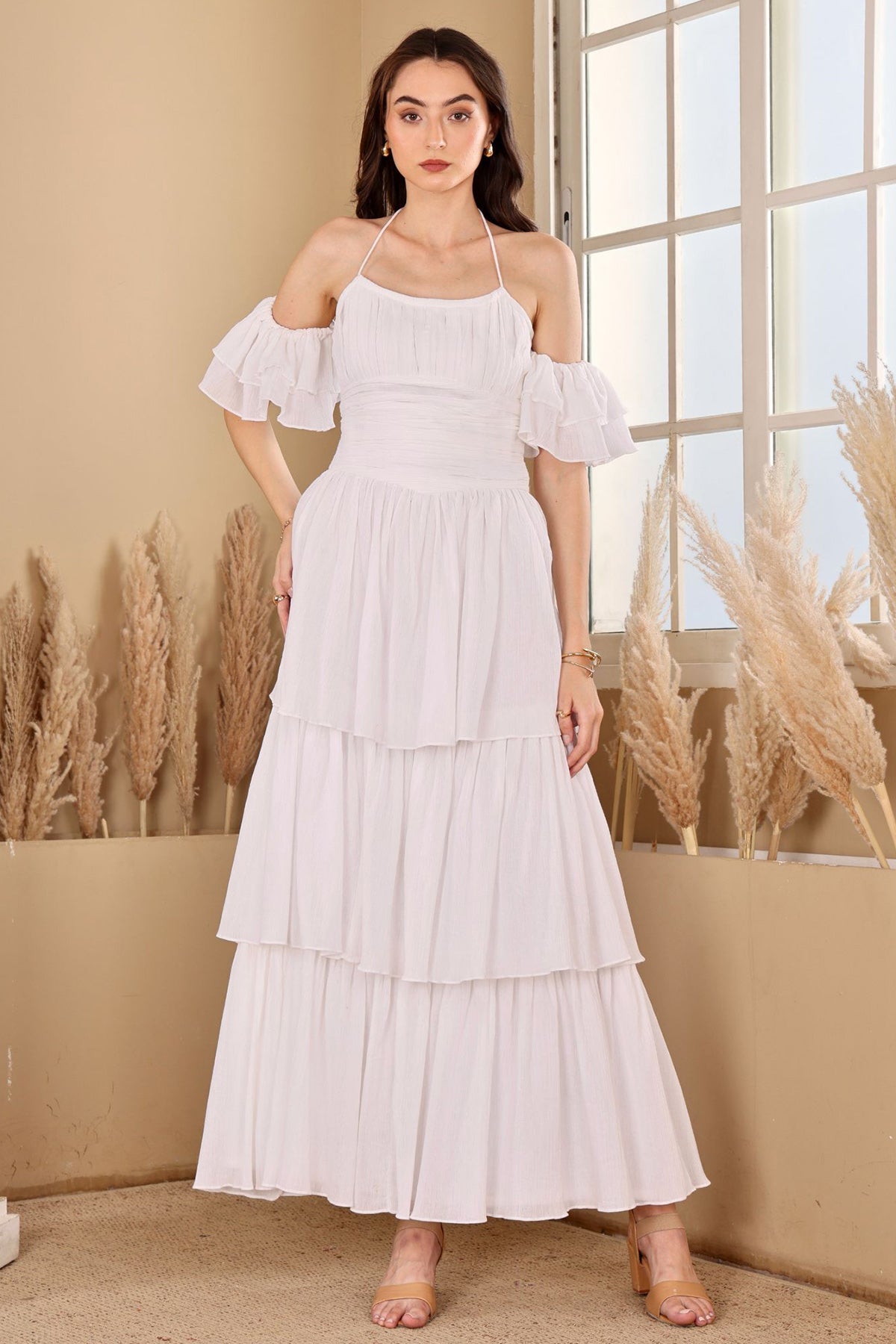 Buy White Crushed Tiered Maxi Dress for women by seoraa online available at scrollnshops