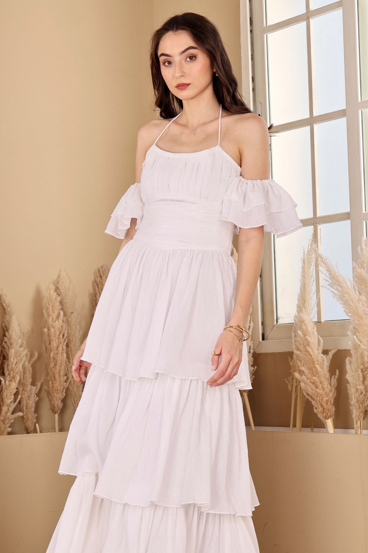White Crushed Tiered Maxi Dress