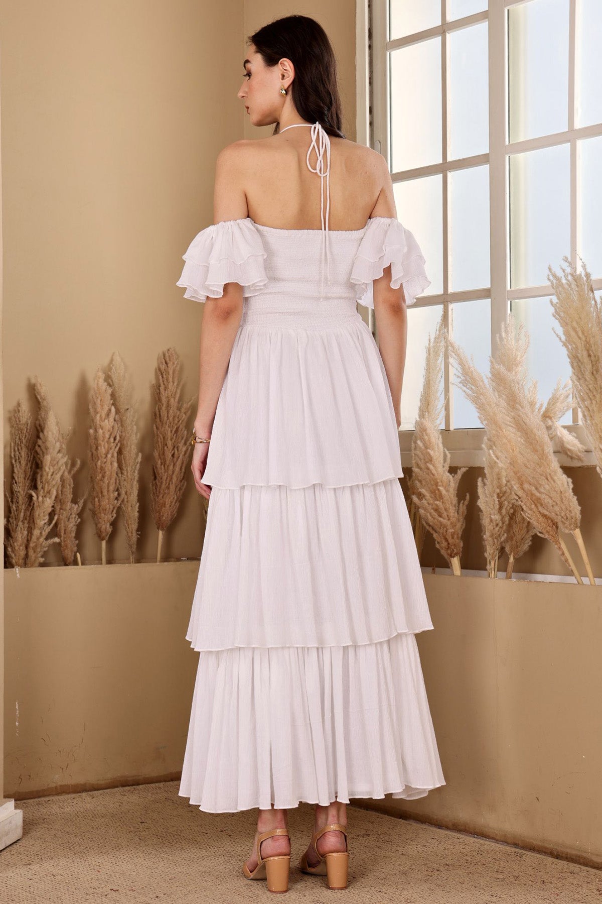 White Crushed Tiered Maxi Dress