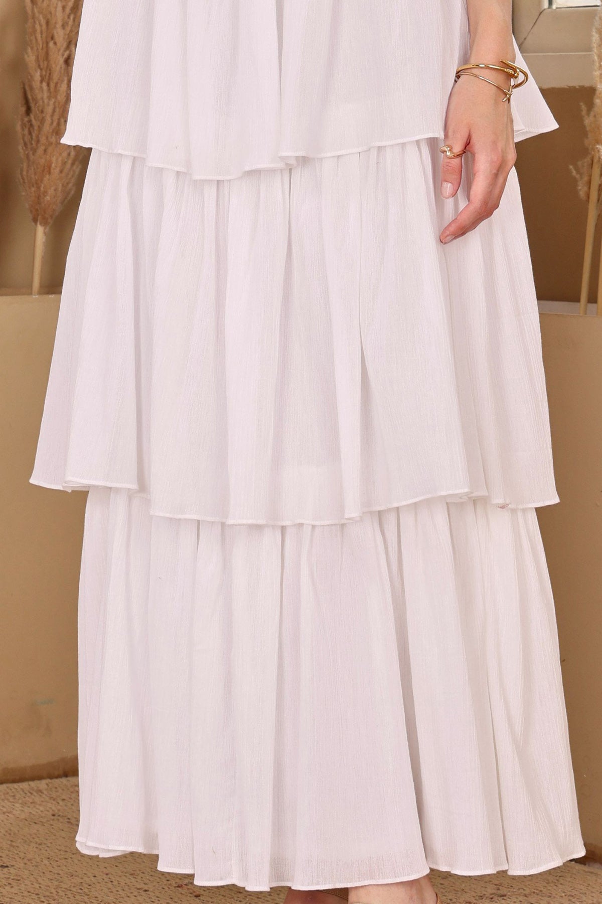 White Crushed Tiered Maxi Dress