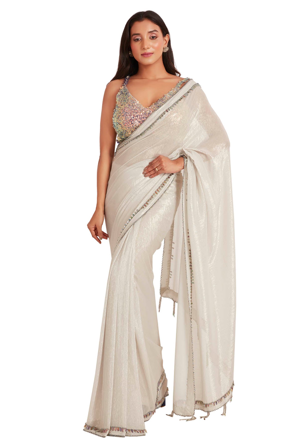 Vastra by Mala Munde White Crystal Embroidered Saree for women online at ScrollnShops