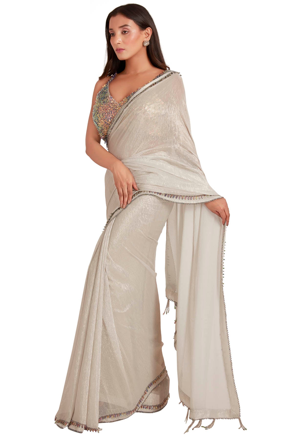 White Crystal Embroidered Saree