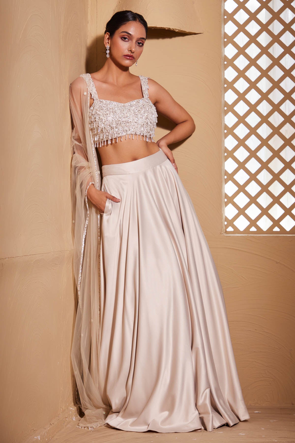 White Cutdana Work Lehenga Set