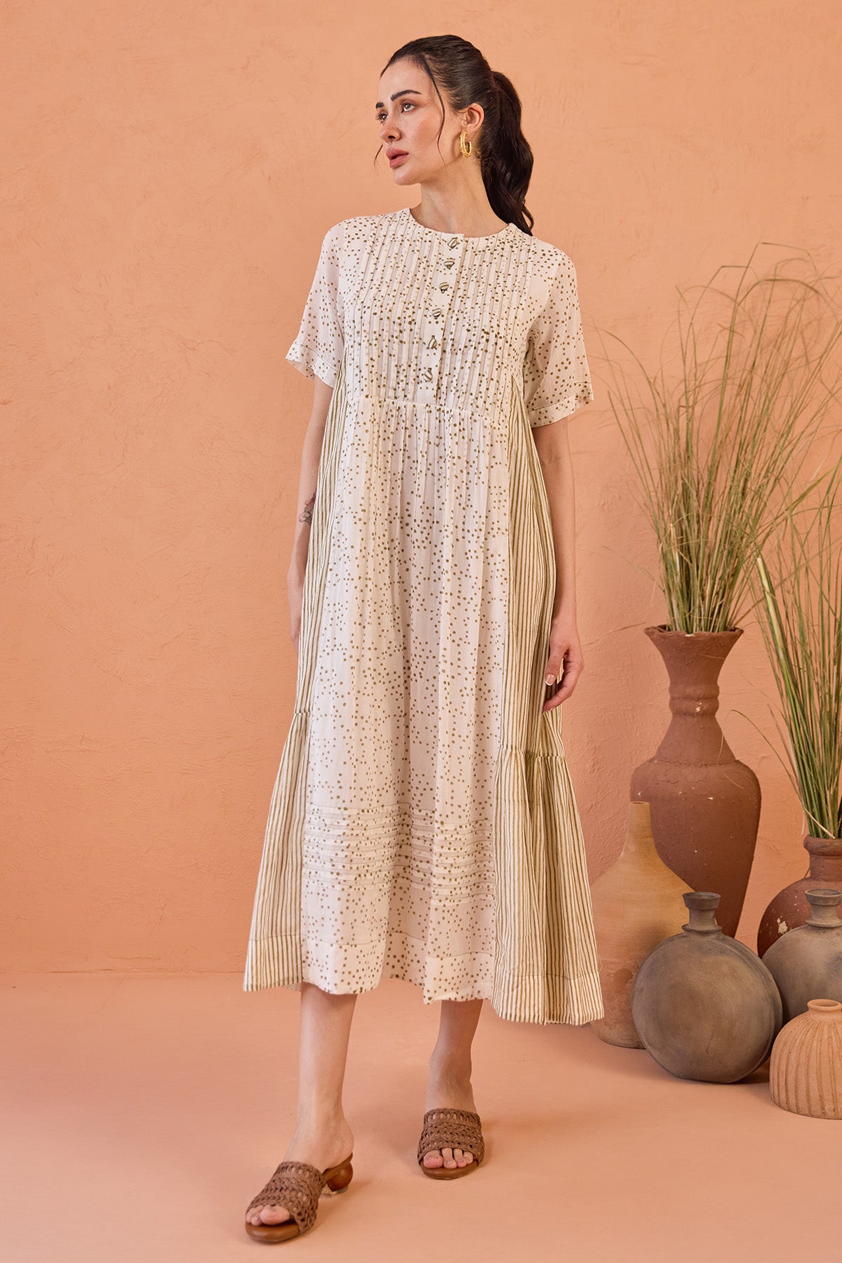 White Dot Printed Midi Dress