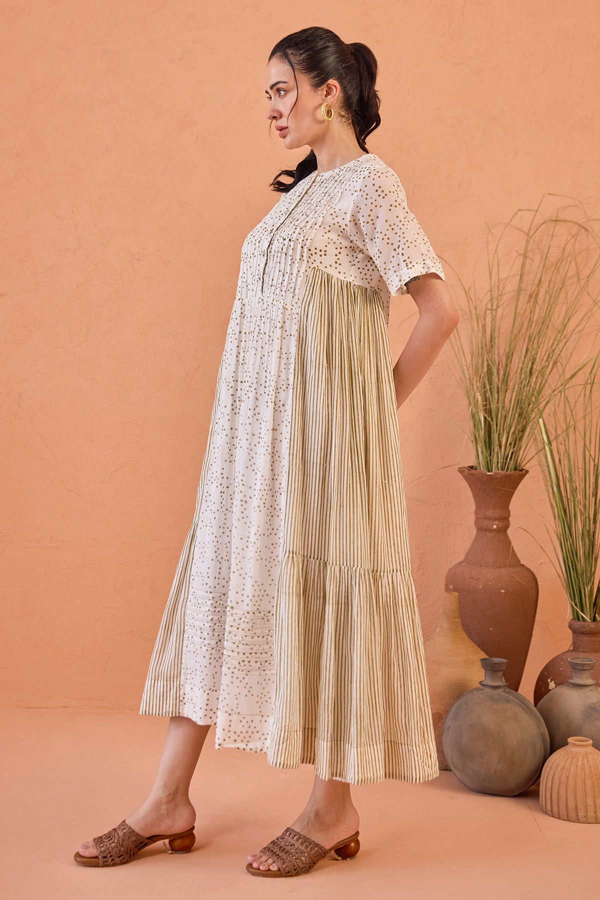 White Dot Printed Midi Dress