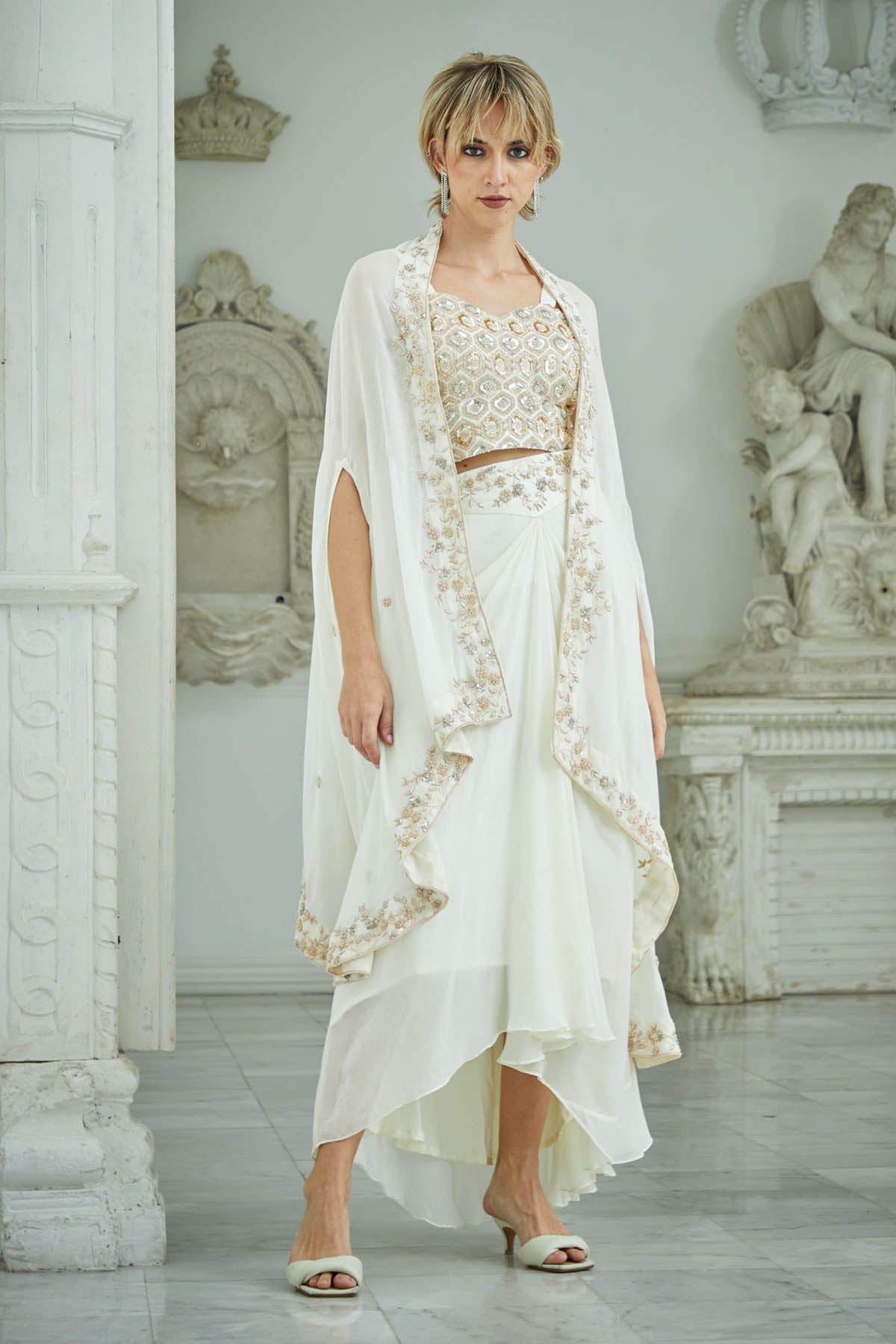 White Drape Skirt & Jacket Set