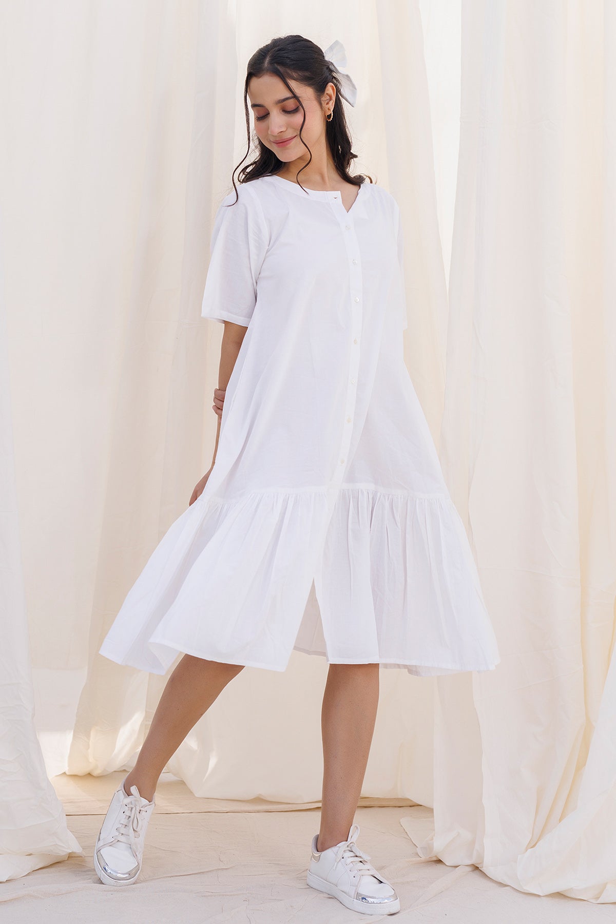 White Elbow Sleeves Frill Dress
