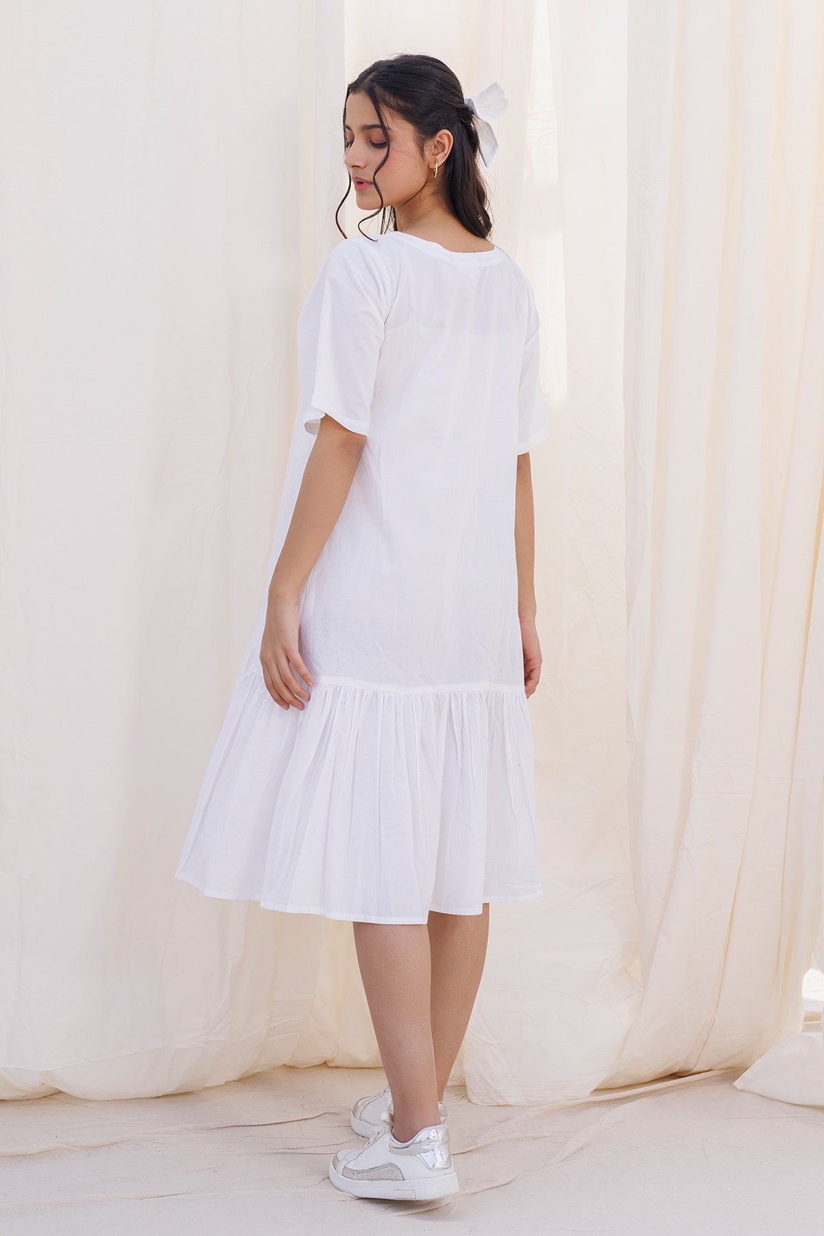 White Elbow Sleeves Frill Dress