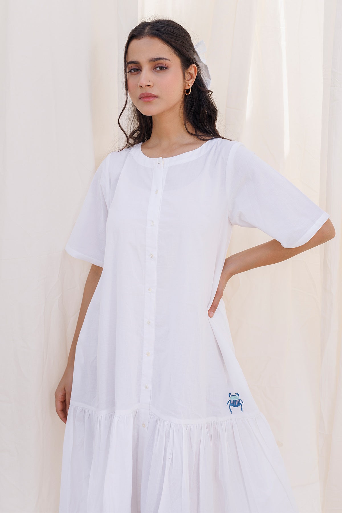 White Elbow Sleeves Frill Dress