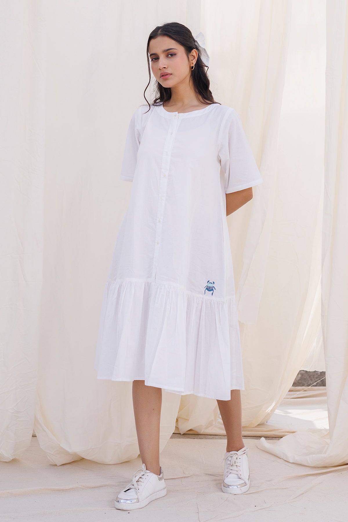 White Elbow Sleeves Frill Dress
