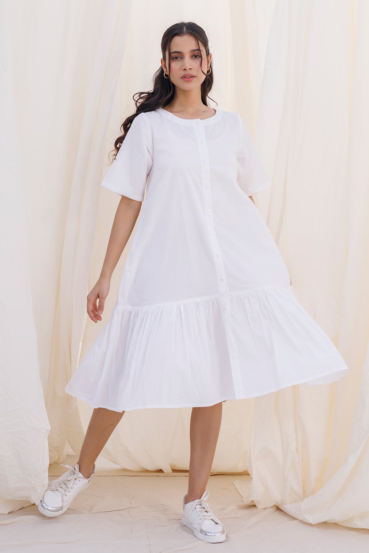 Buy White Elbow Sleeves Frill Dress by Label Surabhi Raj for women online at ScrollnShops