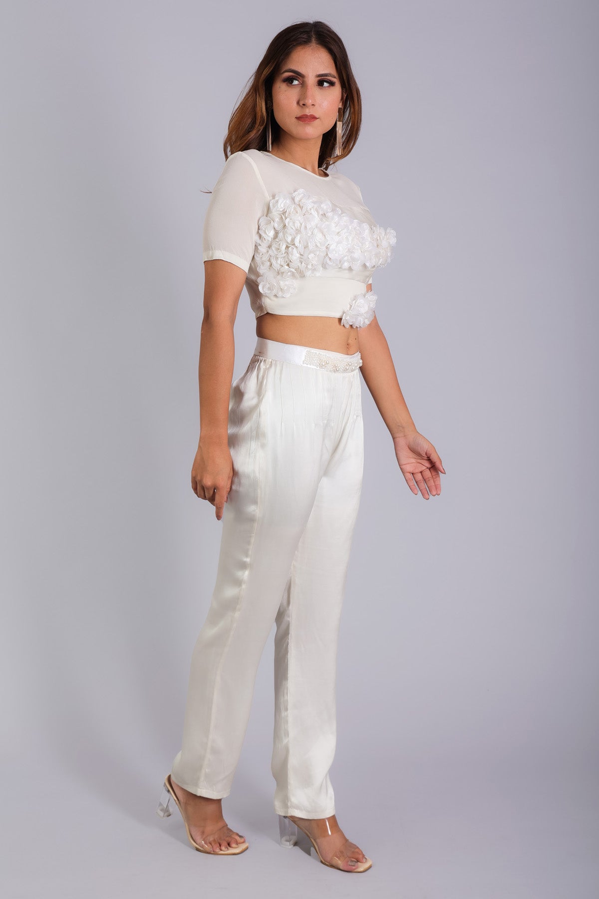 White Embellished Flowers Top