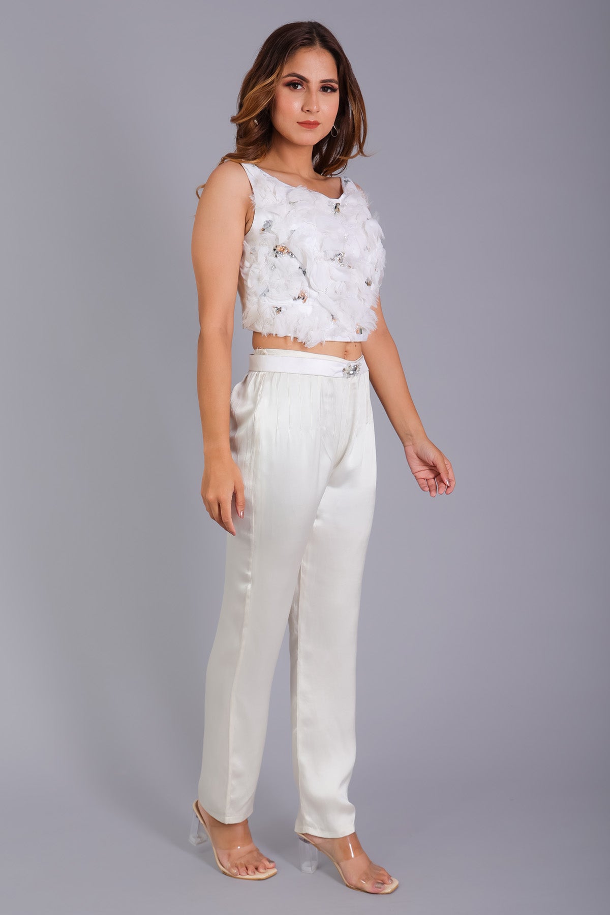 White Embellished Ruffle Top