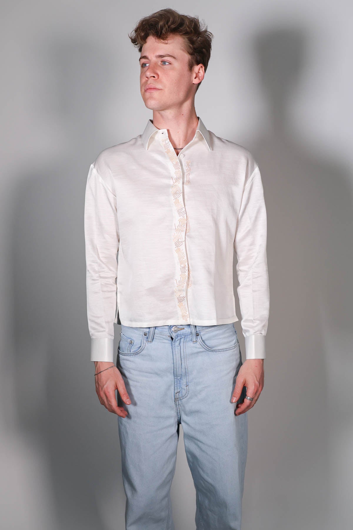 White Embroidered Crop Shirt