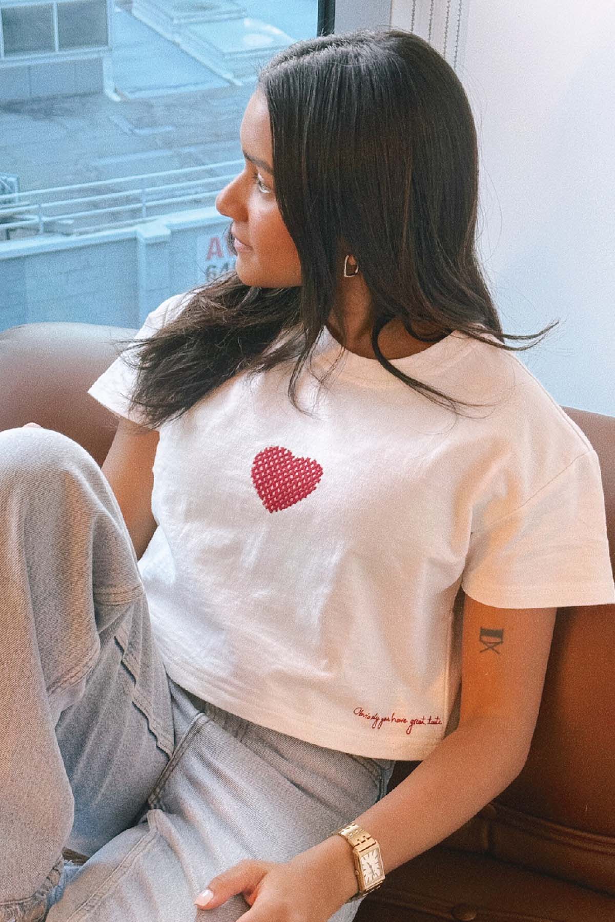 White Embroidered Crop T-Shirt