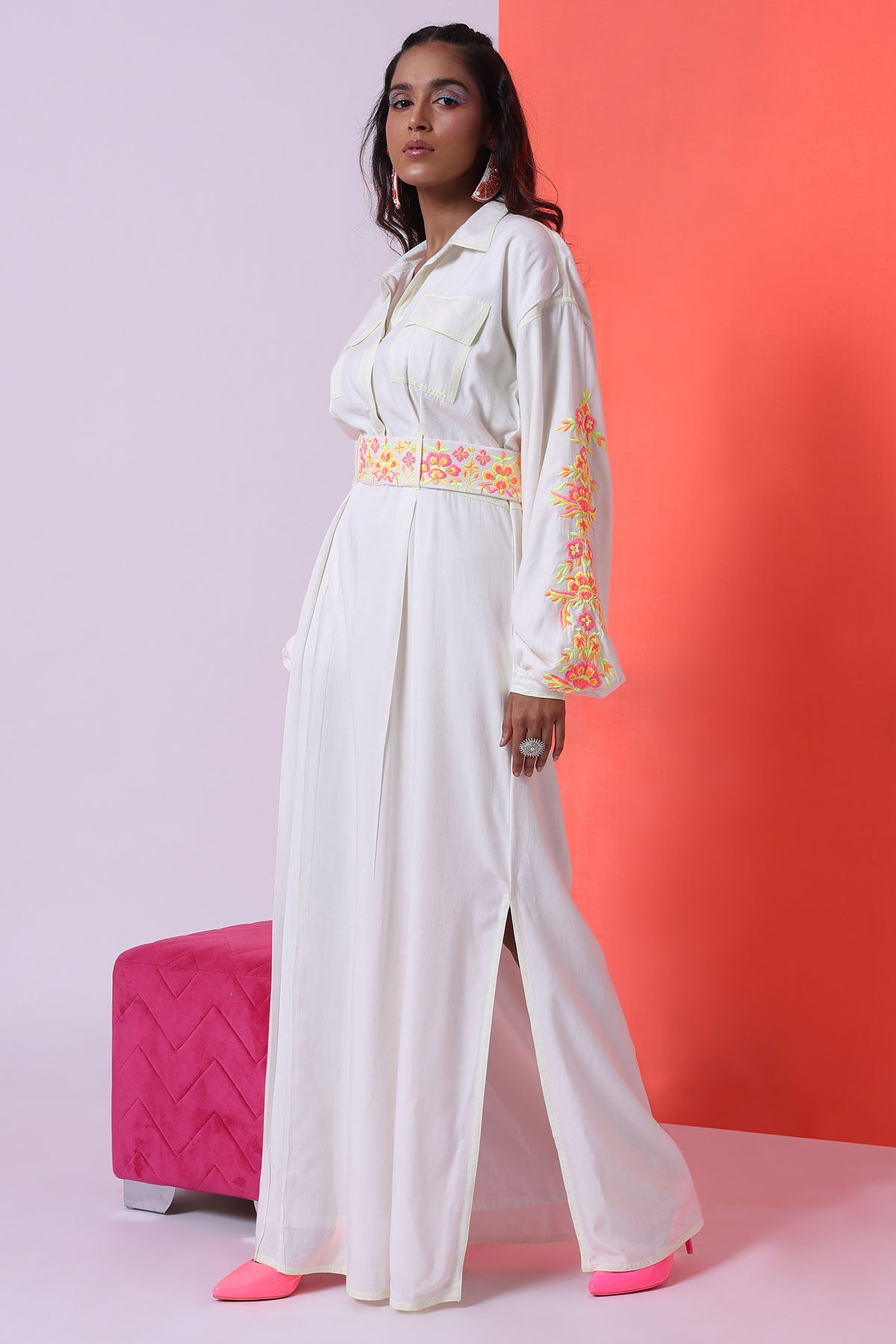 White Embroidered Dress & Belt