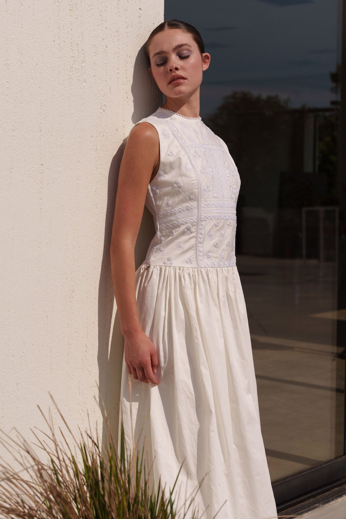 White Embroidered Flared Dress