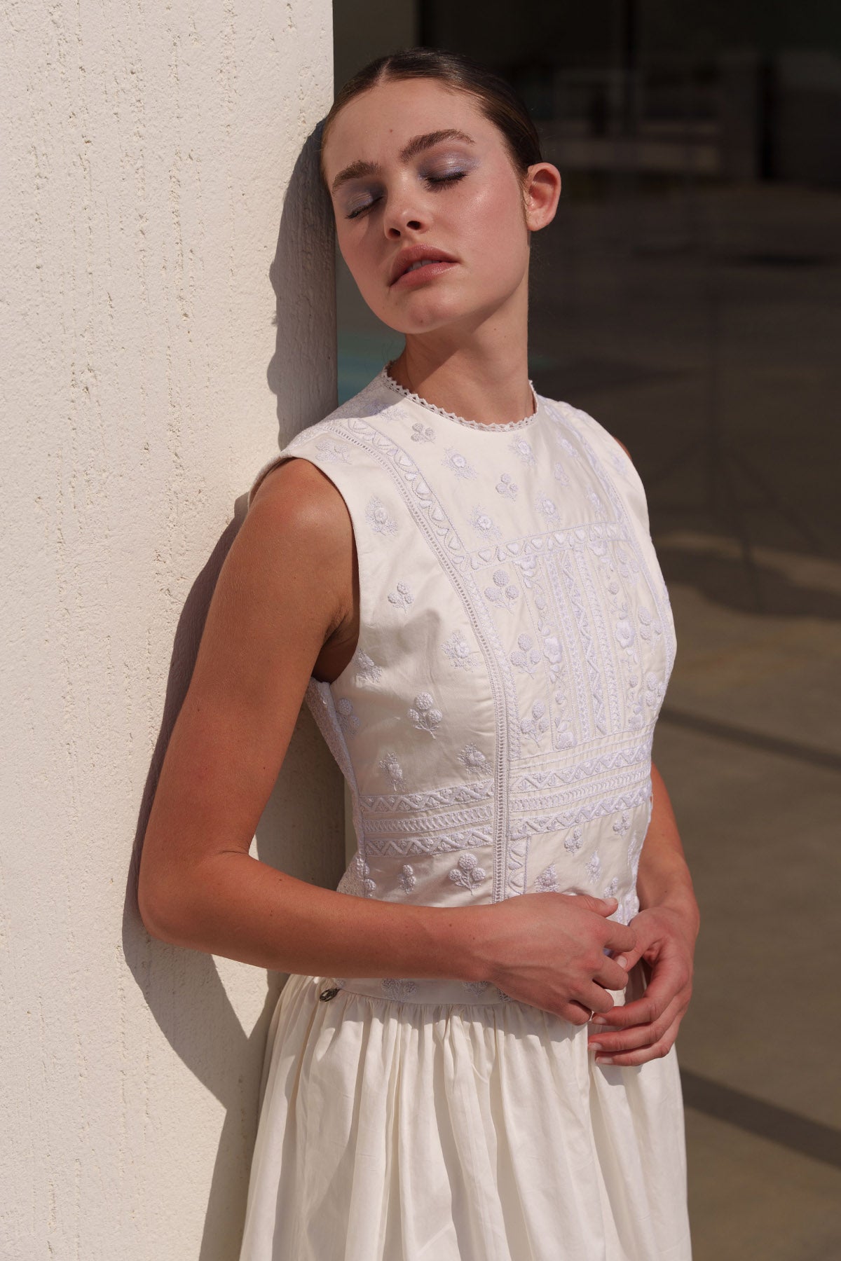 White Embroidered Flared Dress