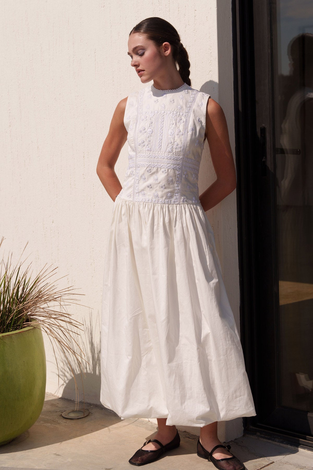 White Embroidered Flared Dress