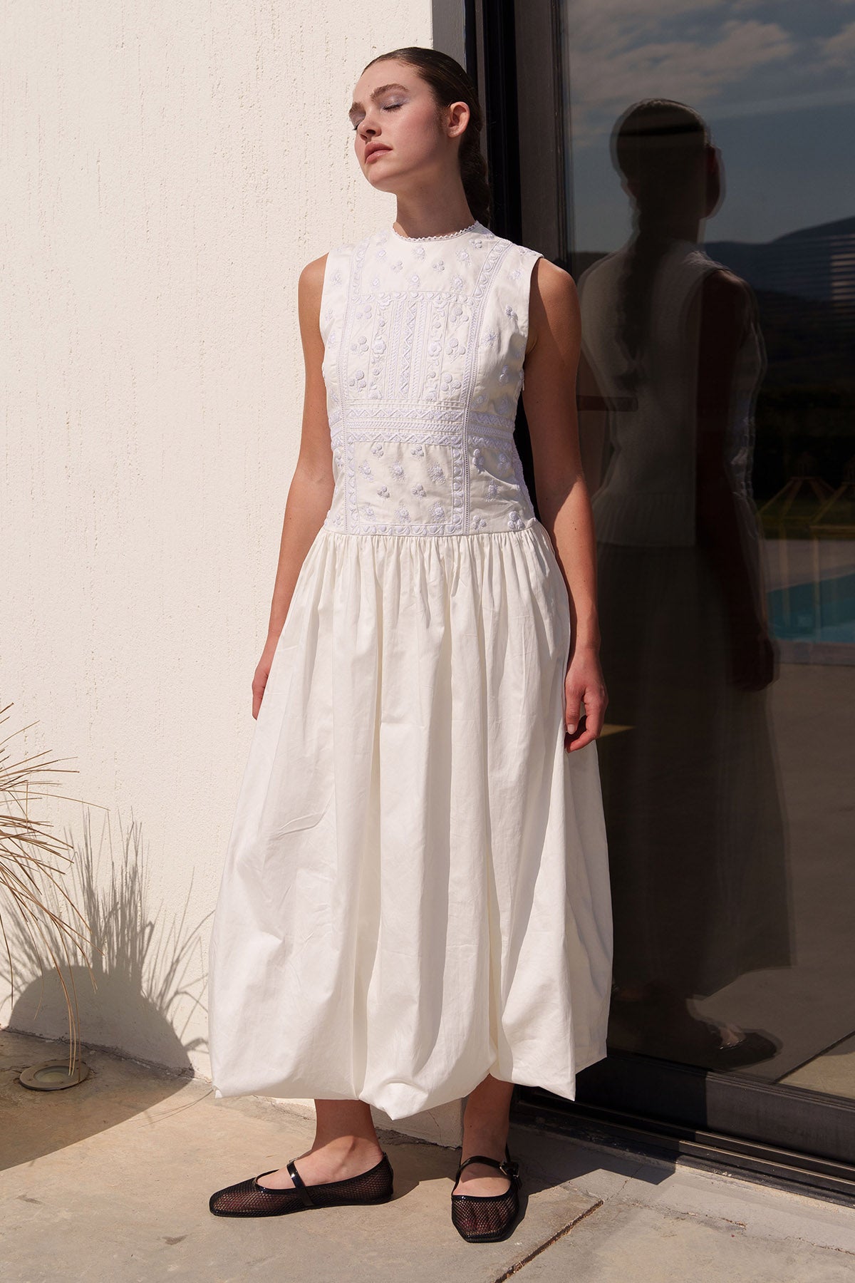 White Embroidered Flared Dress
