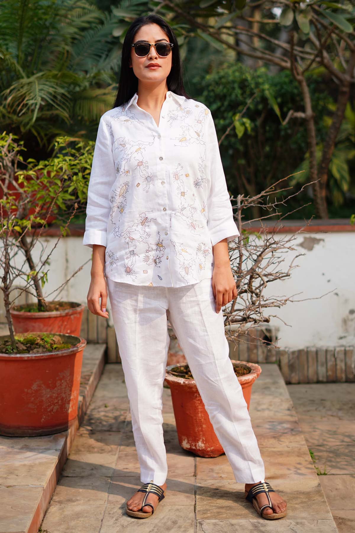 Designer Linen Bloom White Linen Top with Playful Scribble Embroidery For Women Online at ScrollnShops