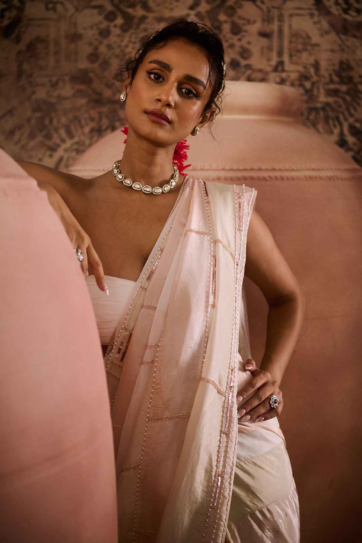 White Embroidered Blouse & Saree