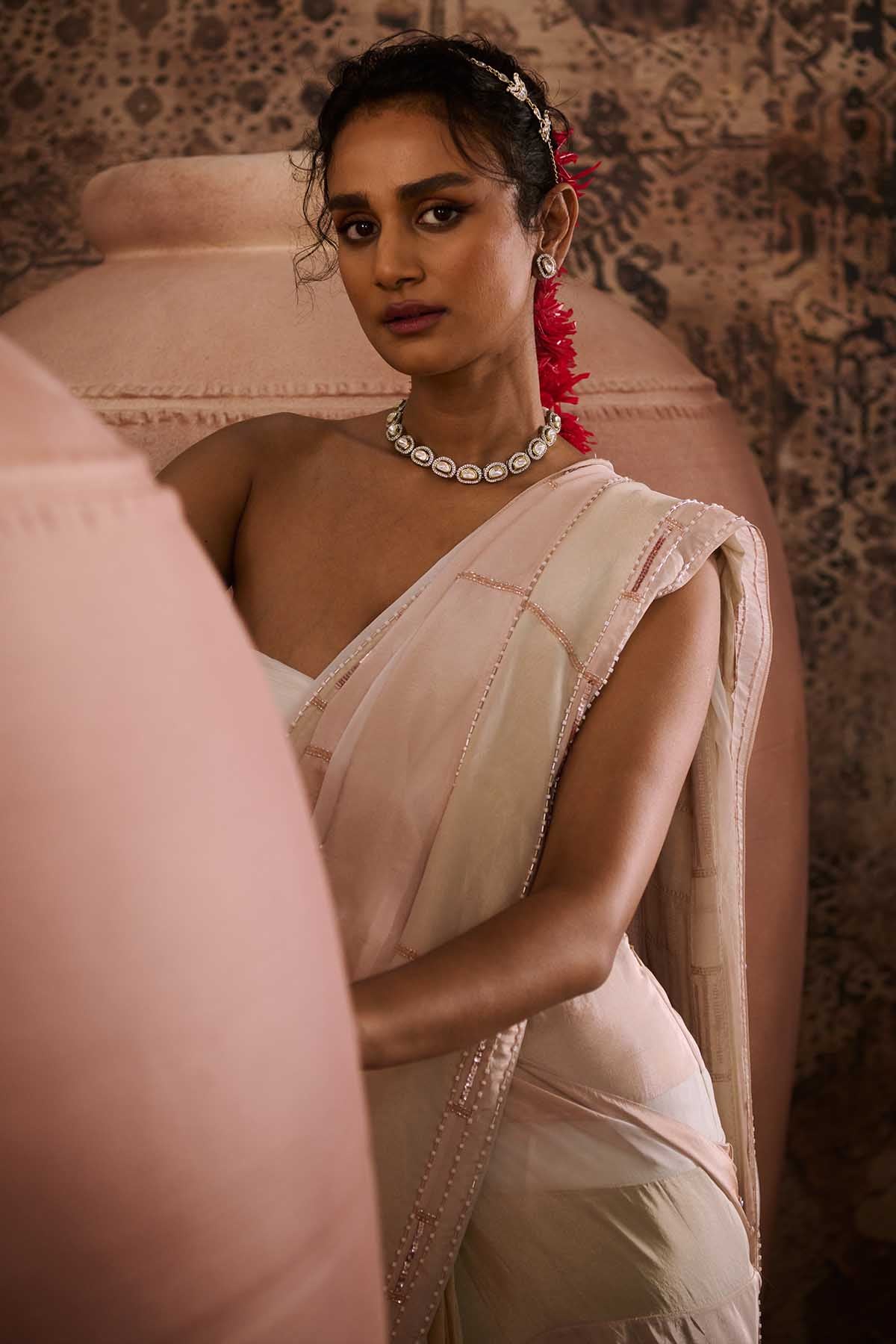 White Embroidered Blouse & Saree