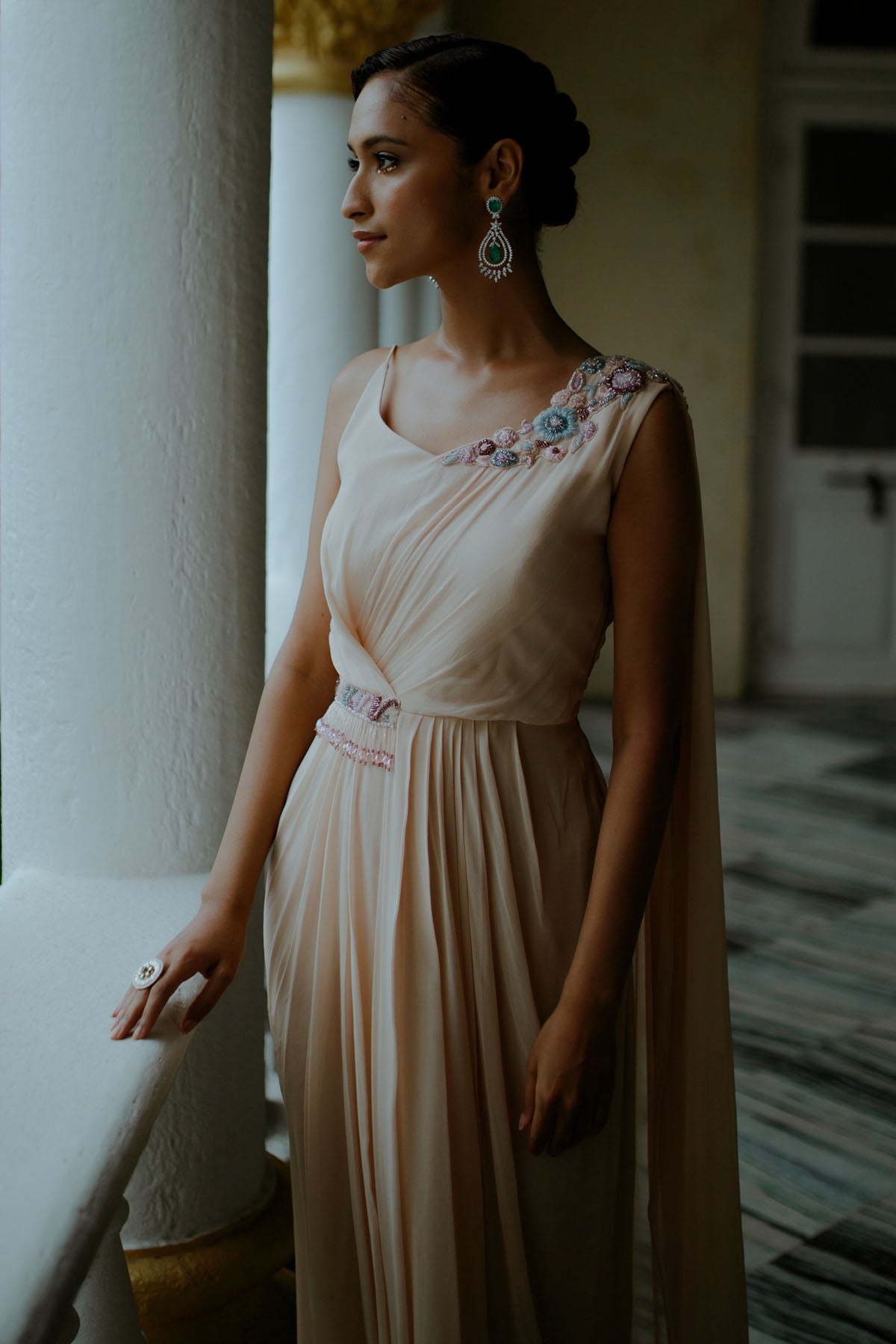 Pavone White Embroidered Saree Gown for women online at ScrollnShops