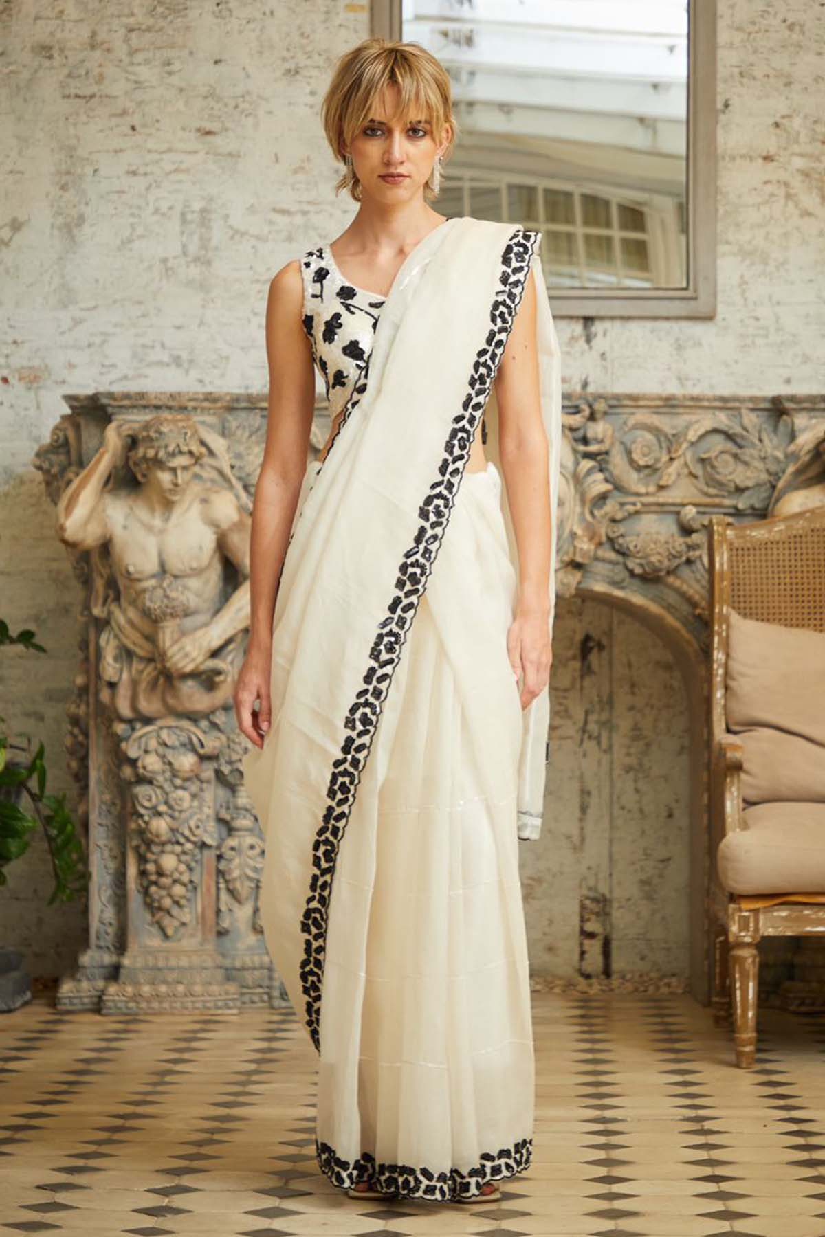 White Embroidered Saree Set
