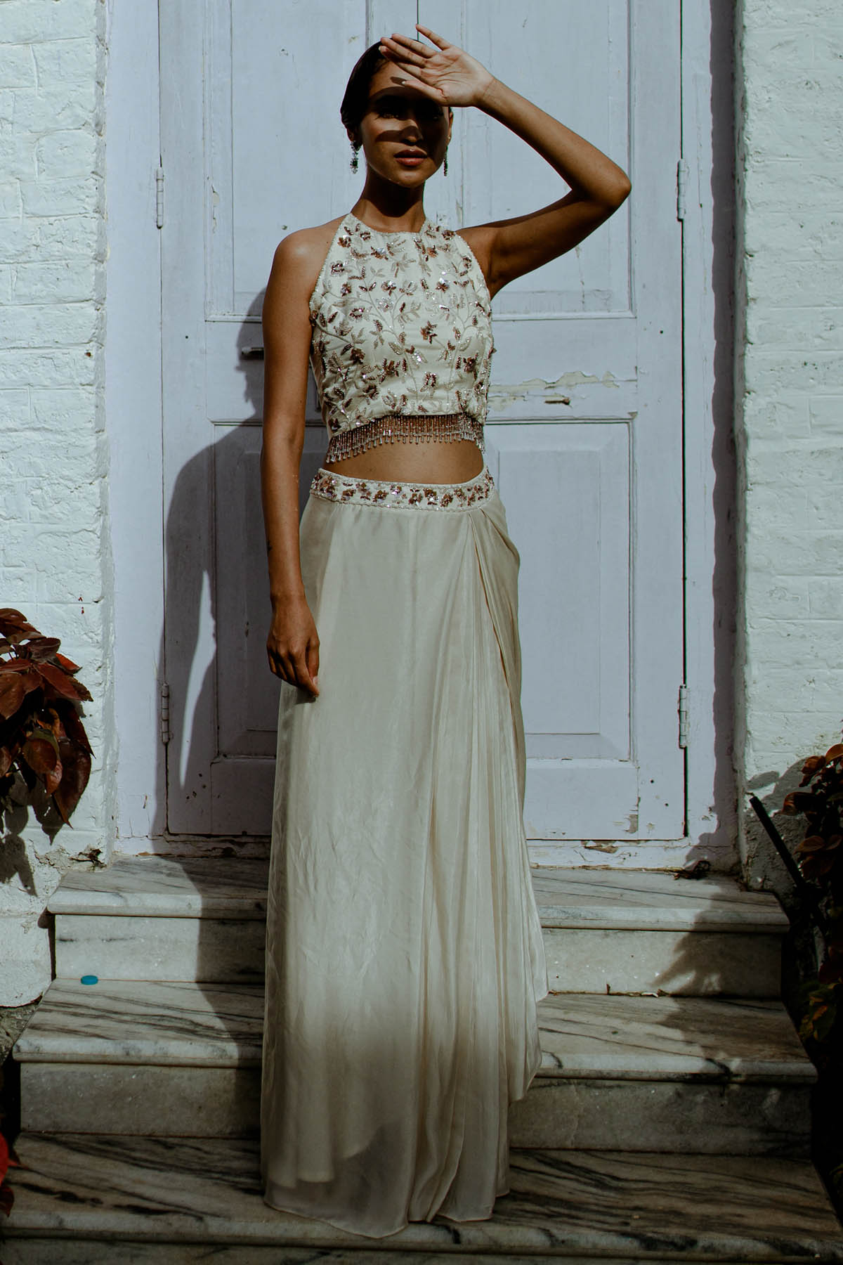 Pavone White Embroidered Top & Dhoti for women online at ScrollnShops