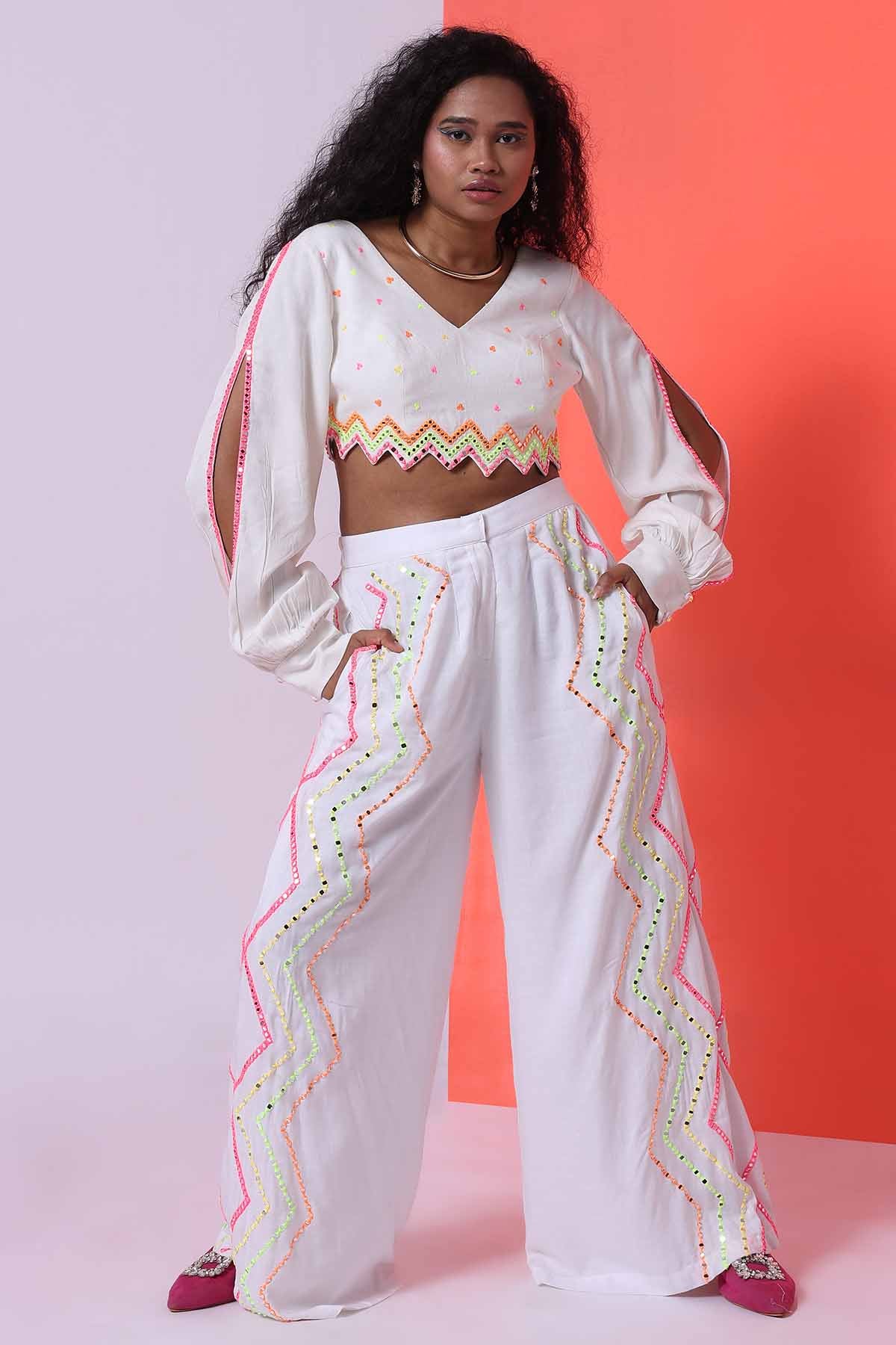 The House Of Shes White Embroidered Top & Pants for women online at ScrollnShops