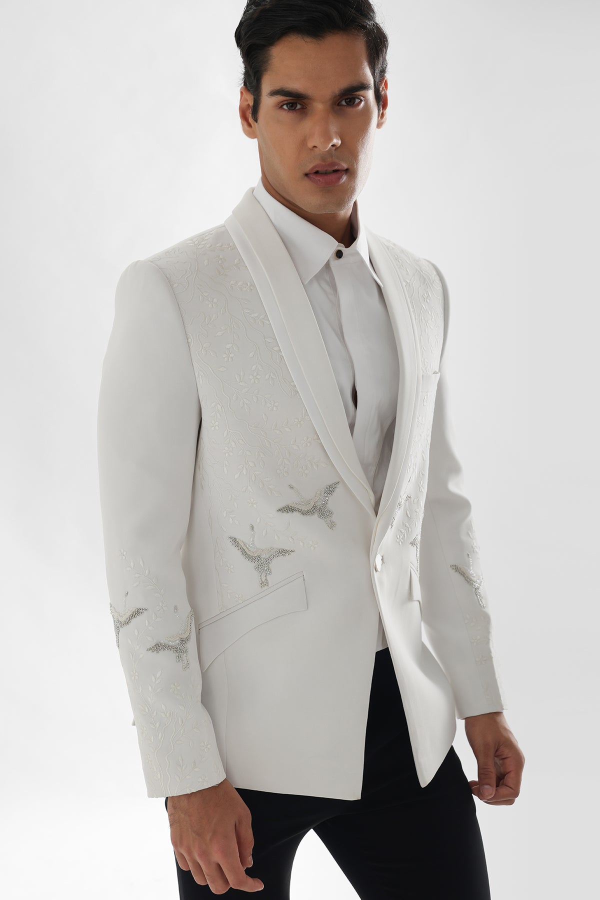White Embroidered Tuxedo Set