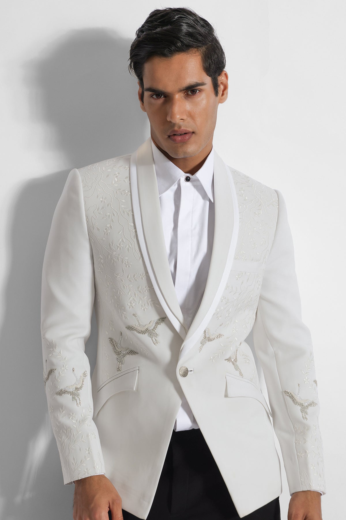 Buy White Embroidered Tuxedo Set for men by Paarsh Atelier online available at scrollnshops