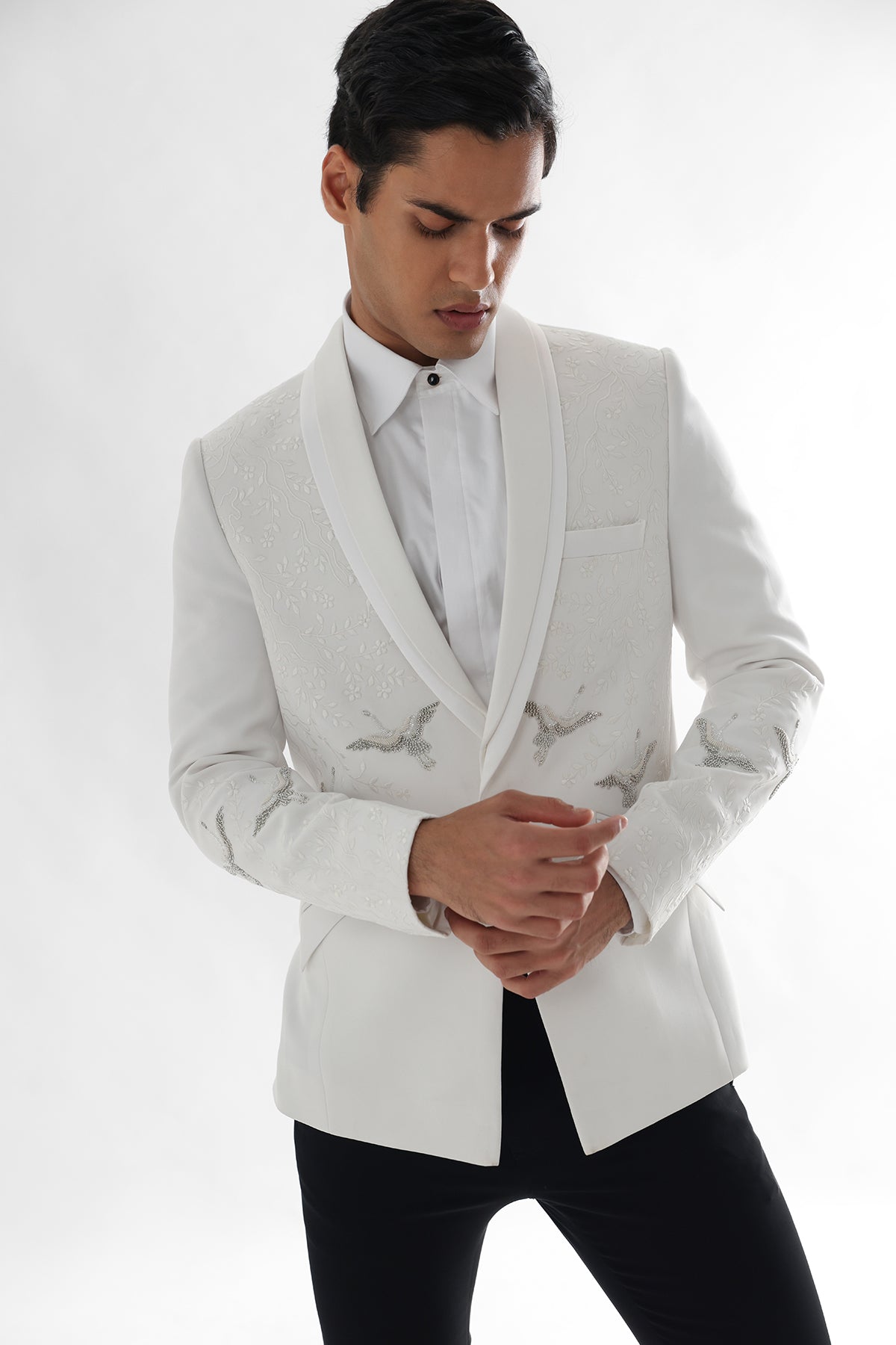 White Embroidered Tuxedo Set