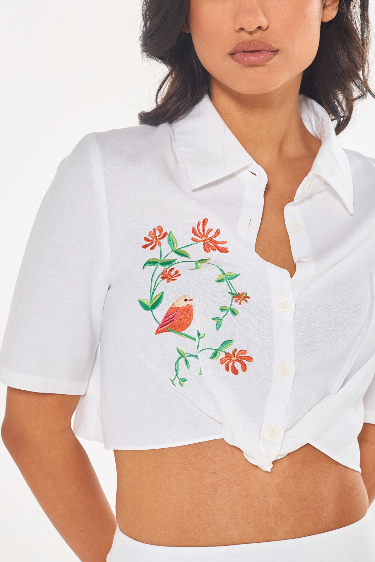White Embroidered V-Neck Shirt