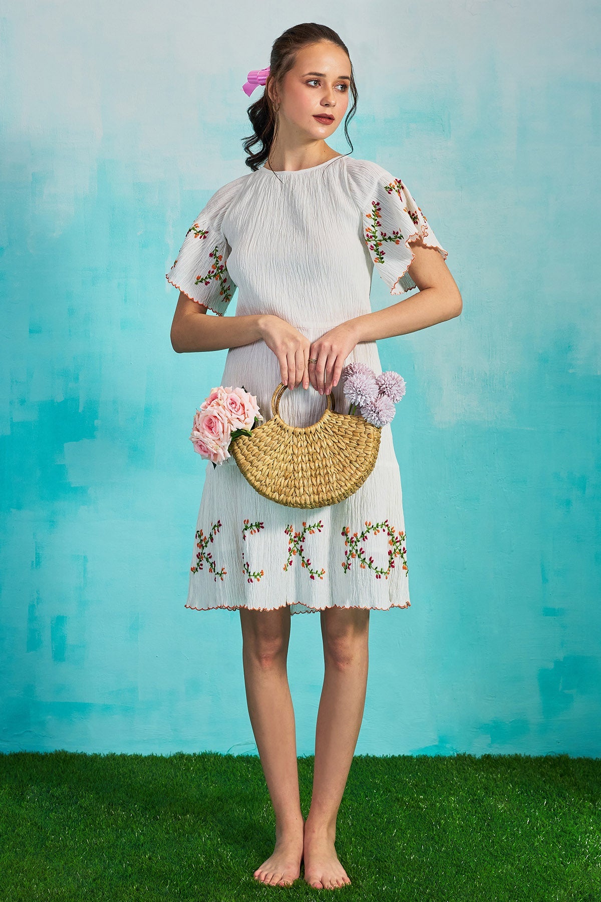 Buy White Flared Sleeves Mini Dress for Women by 97 Motifs Designer online available at scrollnshops